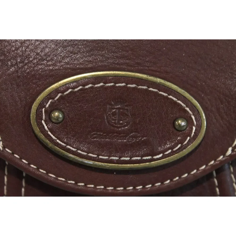 Talbots Leather Handbag Purse Brown White Thread Detailing Flap Closure
